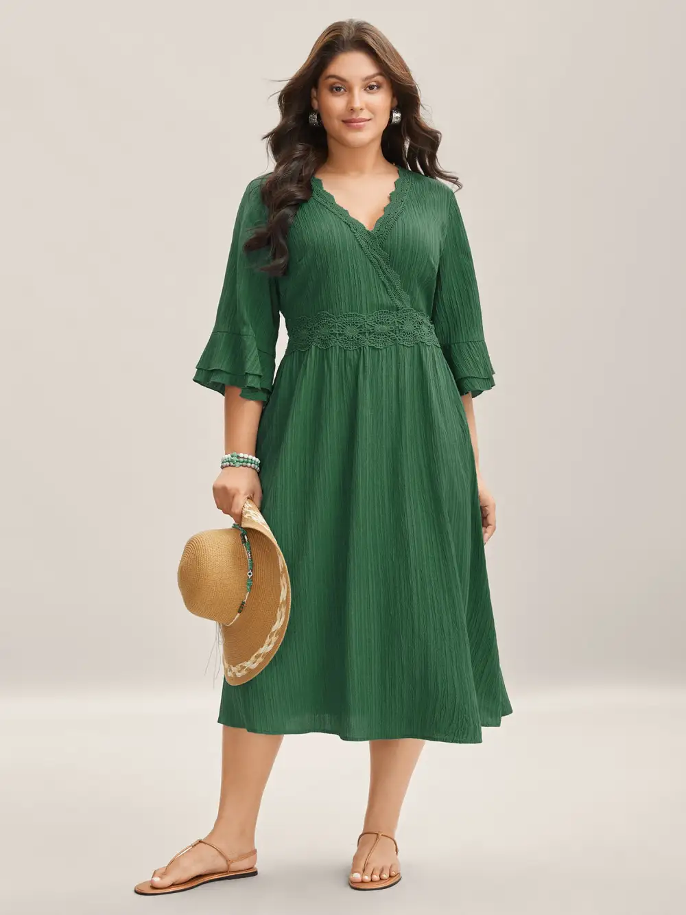Scalloped Lace Surplice Ruffled Midi Dress
