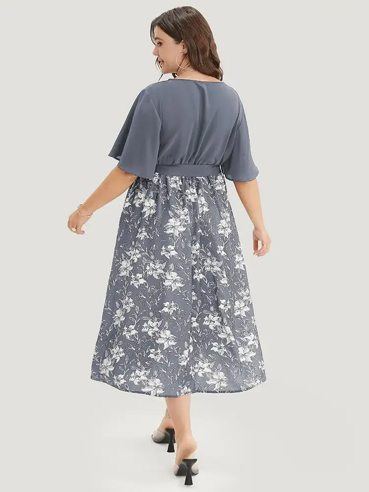 Floral Patchwork Pocket Belt Surplice Neck Ruffle Hem Dress