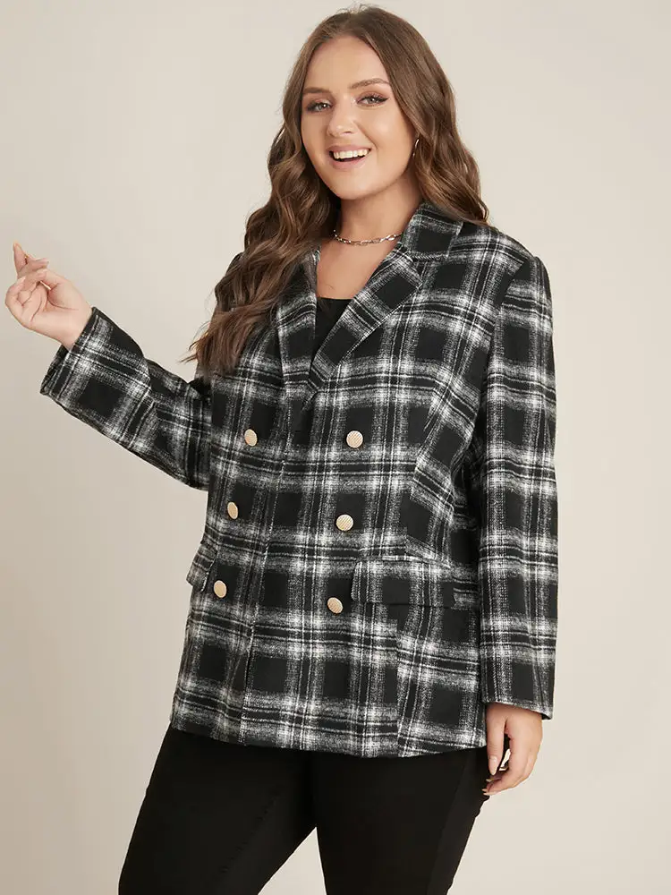 Plaid Flap Pocket Button Up Suit Collar Blazer