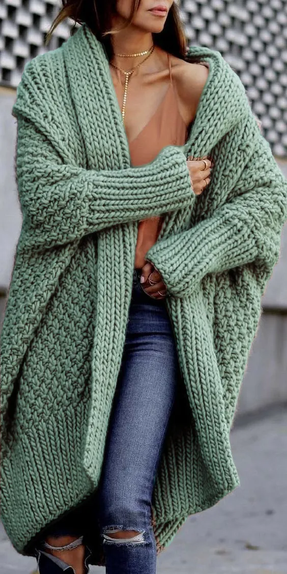 Winter women's sweater extra thick long knit coat