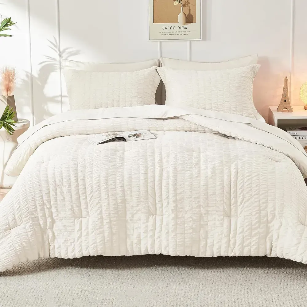 Queen Comforter Set Seersucker 7 Pieces, All Season Luxury Bed in a Bag for Bedroom, Bedding Set with Comforters, Sheets, Pillowcases & Shams, Dark Grey