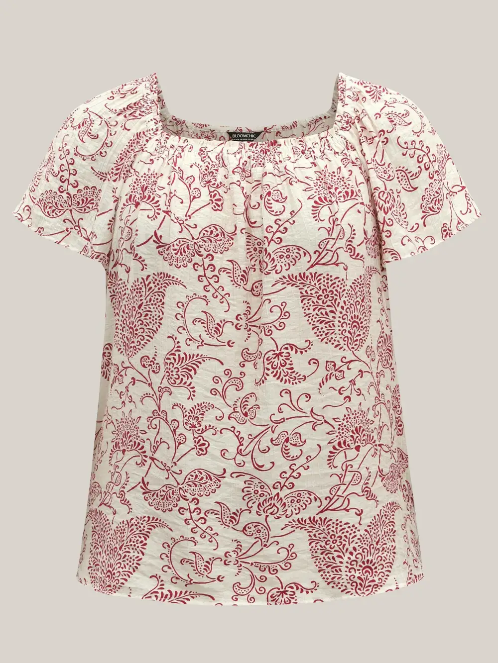 Floral Print Shirred Neck Flowy Blouse