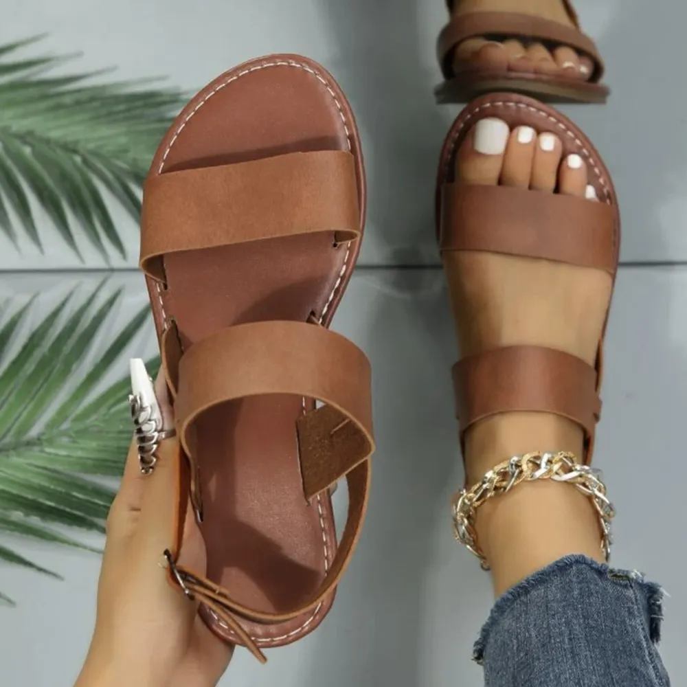 Women's Flat Ankle Strap Sandals, Solid Color Open Toe Non-slip Shoes, Casual Lightweight Beach Shoes