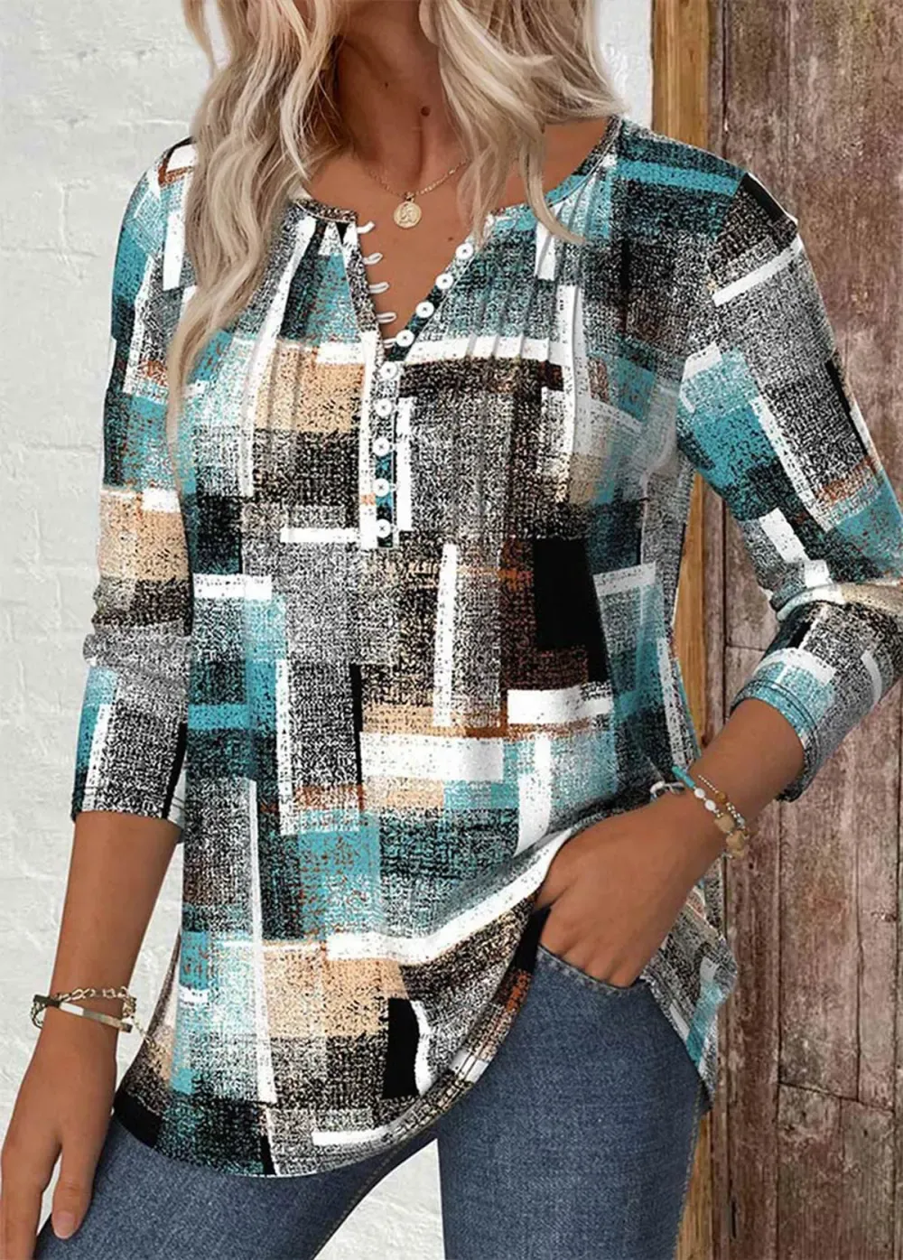 Multi Color Geometric Print Long Sleeve T Shirt