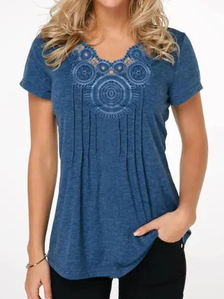 Women Short Sleeve U-neck Lace Top