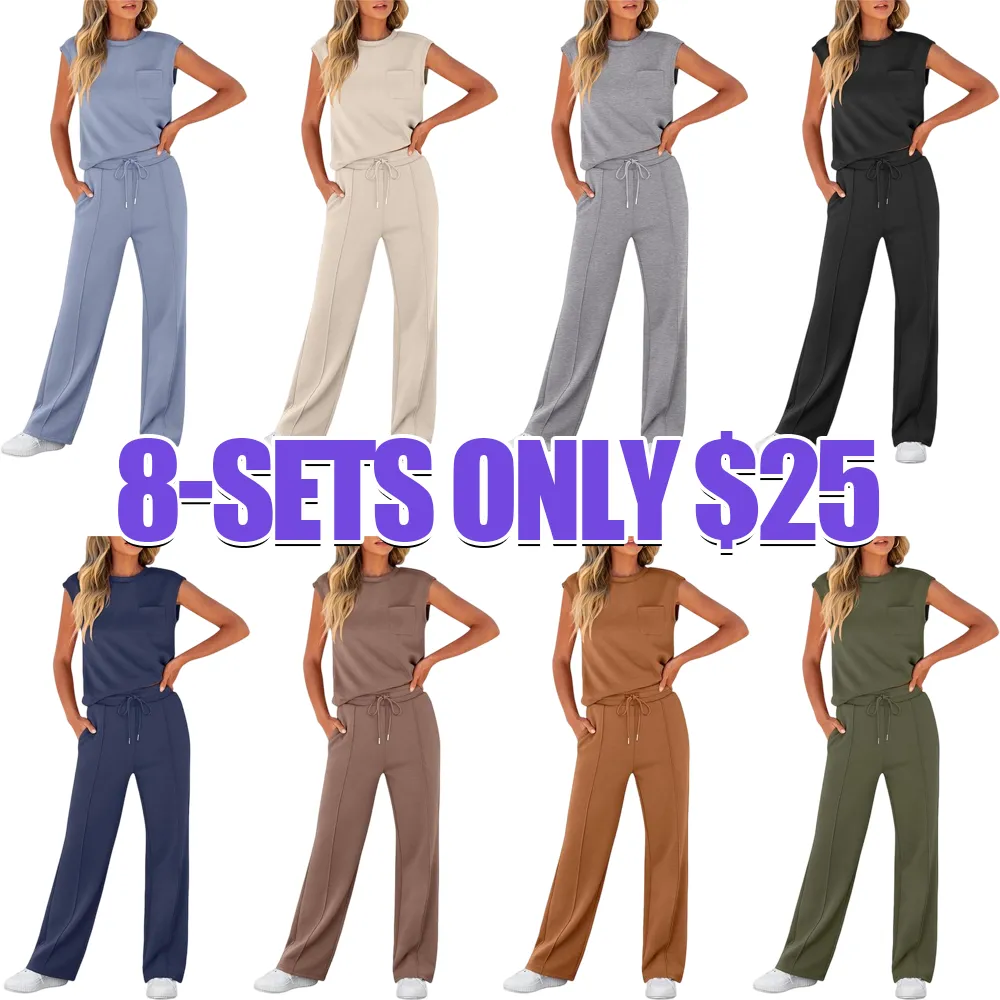 Women's Summer 2 Piece Outfits Casual Sleeveless Sweatsuits Matching Wide Leg Tracksuits Lounge Sets