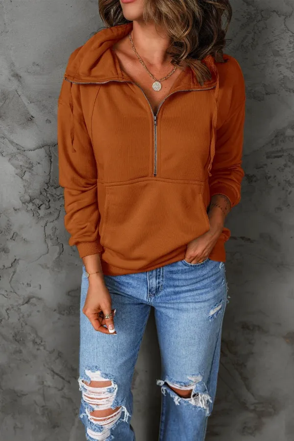 Women's Casual Long Sleeve Lapel Zipper Sweatshirt Drawstring Loose Pullover Tops