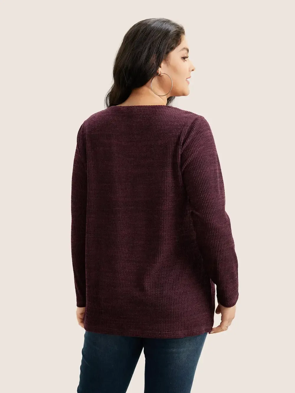 Solid Rib Knit Button Detail T-Shirt