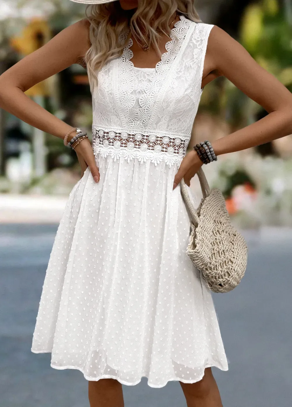 White Patchwork Sleeveless V Neck Dress