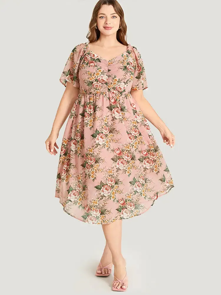 Floral Print Ruched Pocket Frill Trim Ruffle Arc Hem Dress