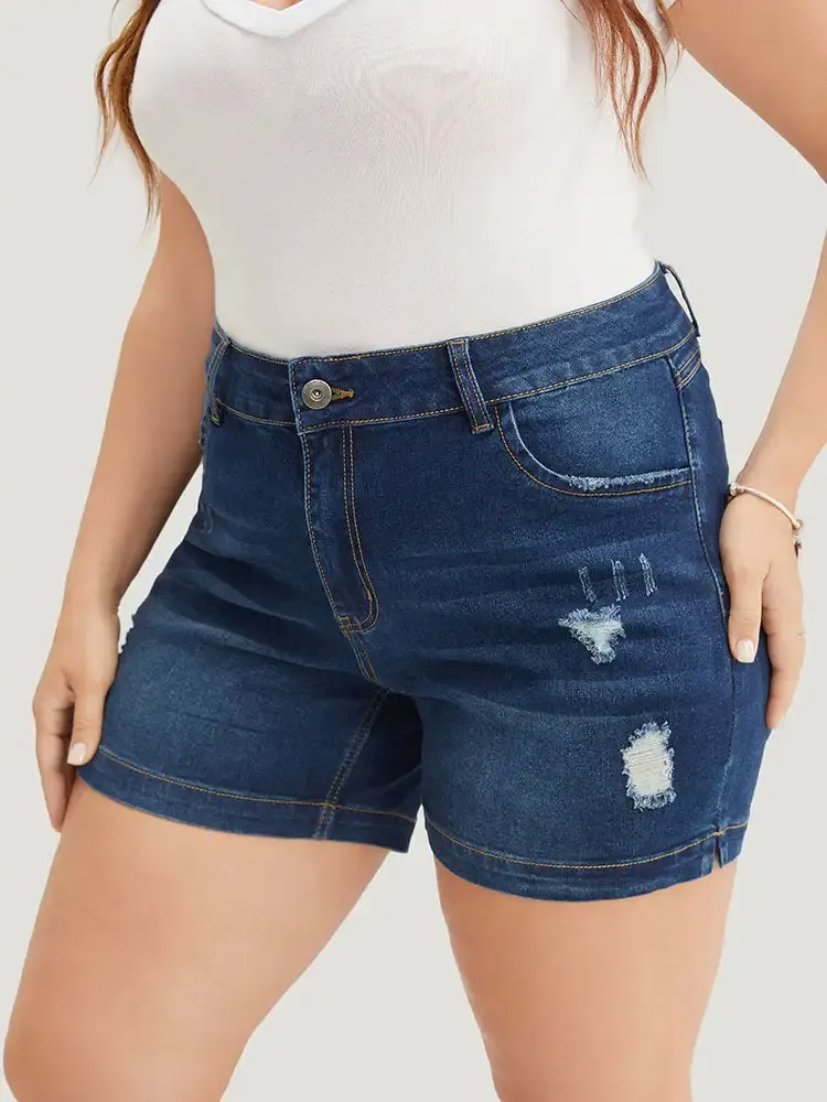 Moderately Stretchy High Rise Dark Wash Distressed Denim Shorts