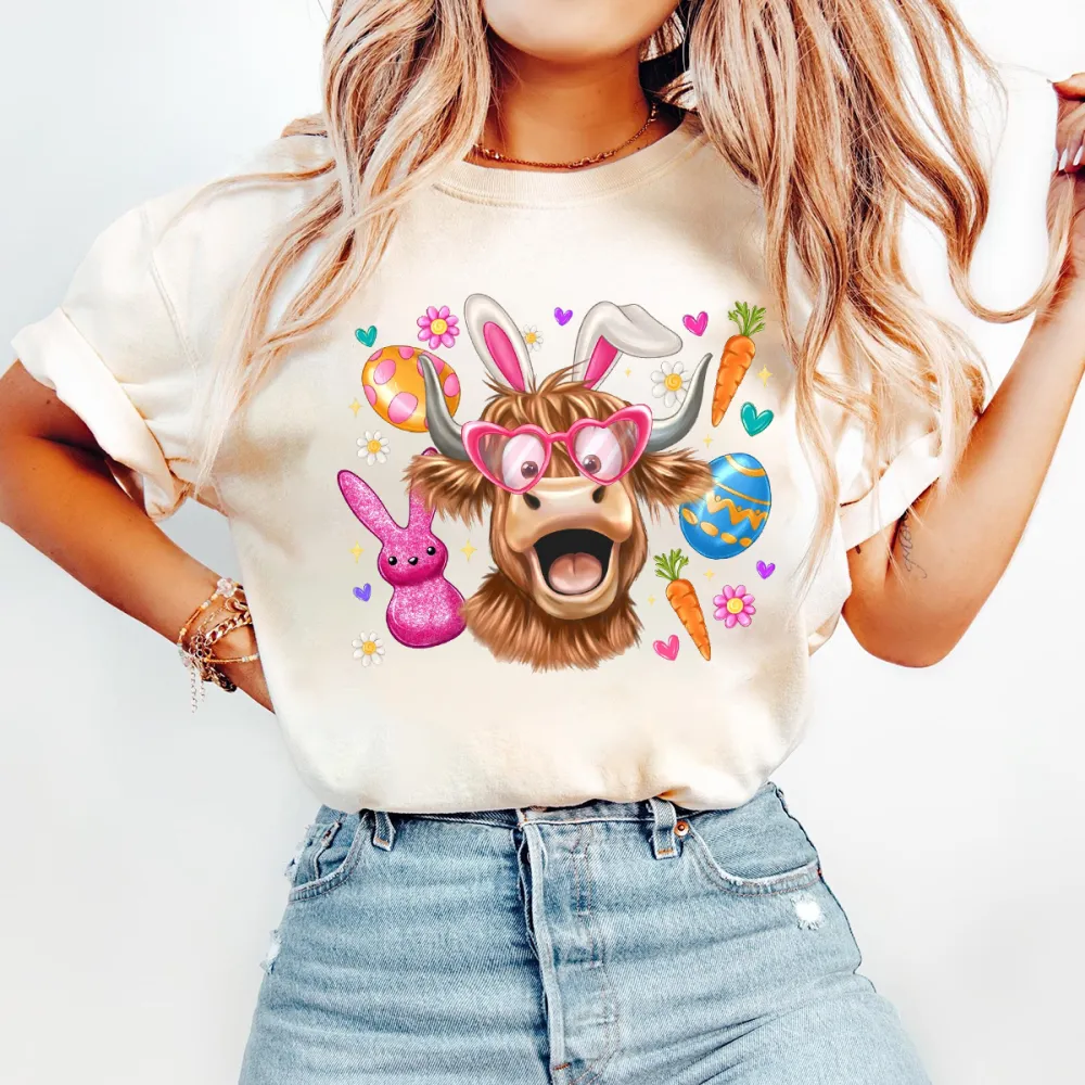 Easter Bunny Highland Cow Eggs Printed Round Neck Short Sleeve T-Shirt