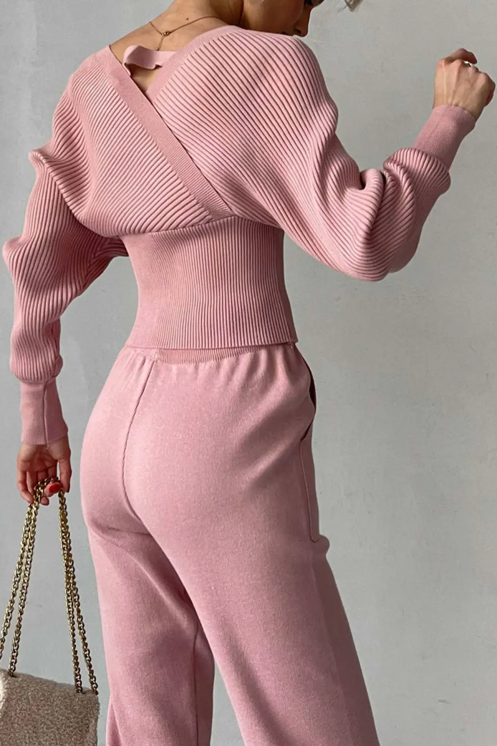 Dolman Sleeves Off Shoulder Ribbed Knit Sweater Pants Suits