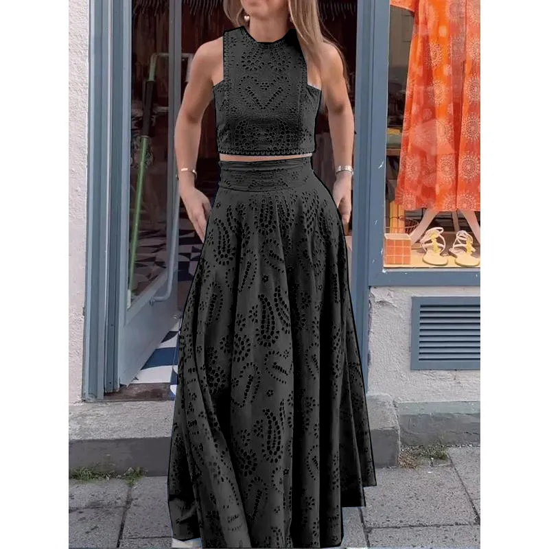 Women Summer 2 Pieces Set O-neck Single Button Ankle-length A-line Dress Sets For Beach Vacation Party Womenswear