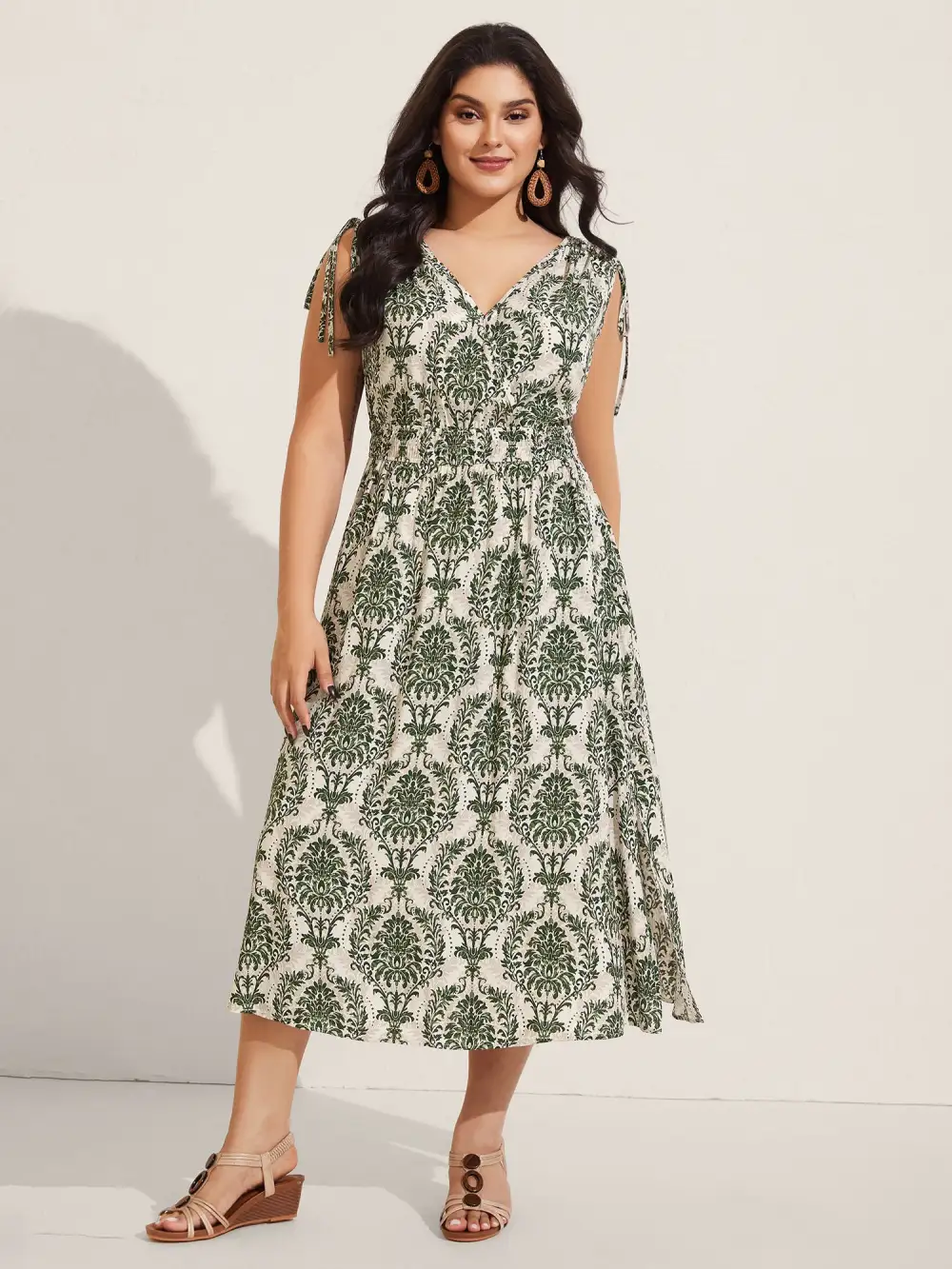 Damask Print Surplice Sleeveless Midi Dress