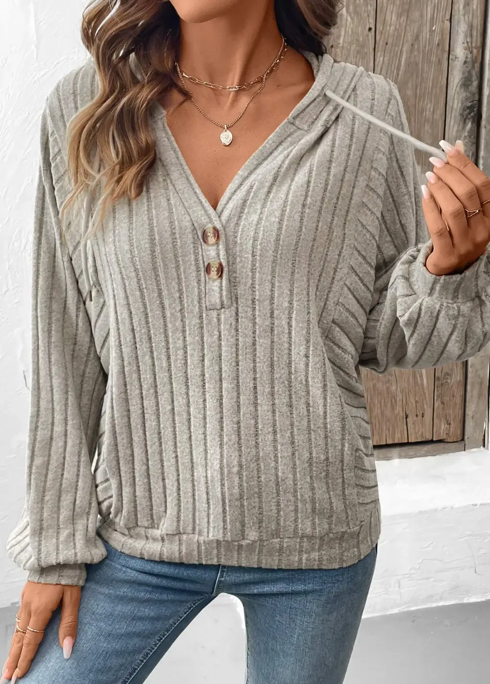 Gray Brown Tummy Coverage Long Sleeve V Neck Hoodie