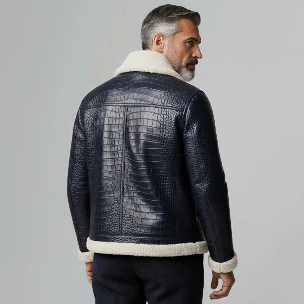 Men's Navy Blue Crocodile PU Leather Plush Patchwork Shirt Collar Long Sleeve Zipper Jacket