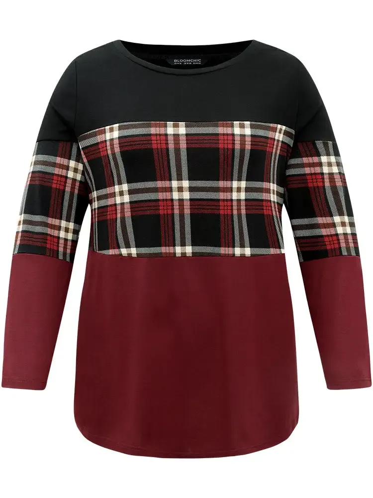 Plaid Contrast Patchwork Round Neck T-Shirt