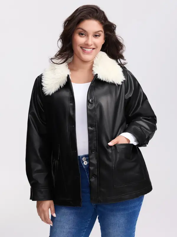 Fuzzy Collar Button Quilted Jacket