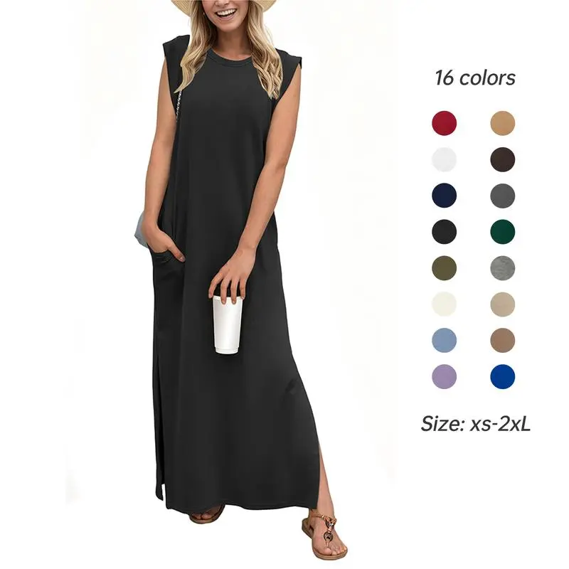 Women's Wrinkle-Free Maxi Vacation Dress – Loose Fit, Split Hem, with Pockets, XS-5XL (Black, Summer Ready)
