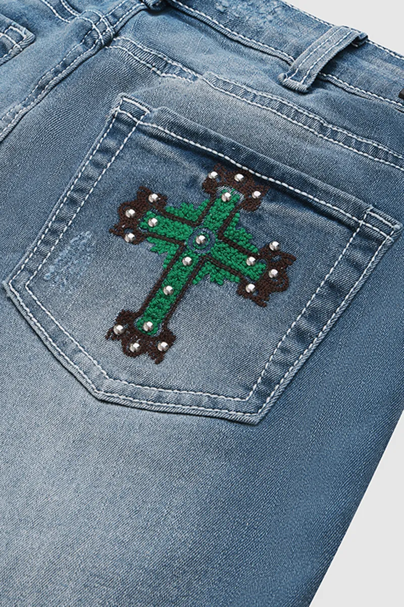 Cross Embroidery Studded Ripped Bootcut Jeans