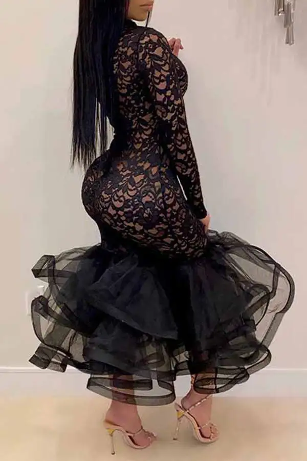 Floral Lace Elegant See-Through Midi Dress