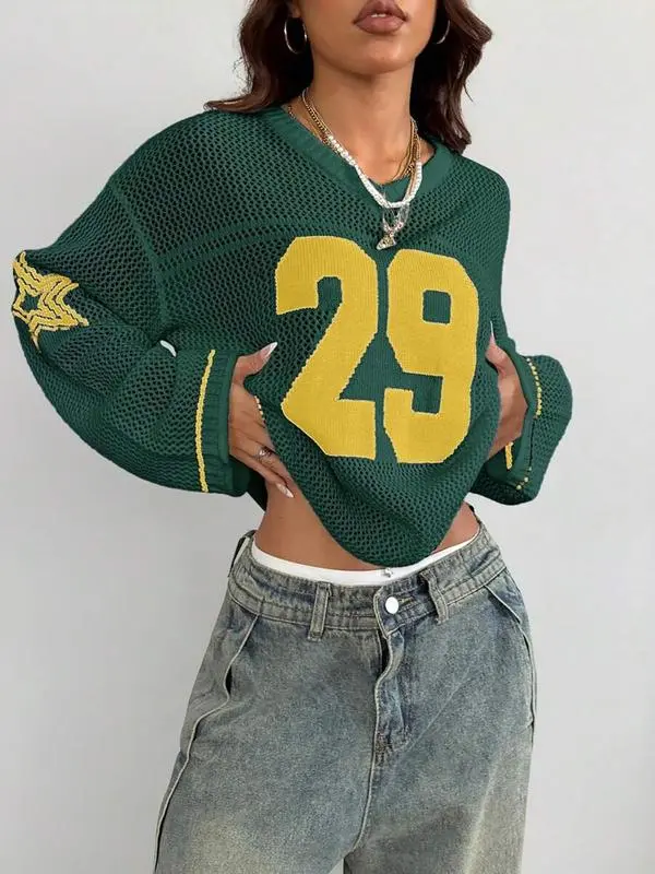 Women’s Colorblock Hollow Out Knit Sweater – Retro Loose Fit Long Sleeve Pullover