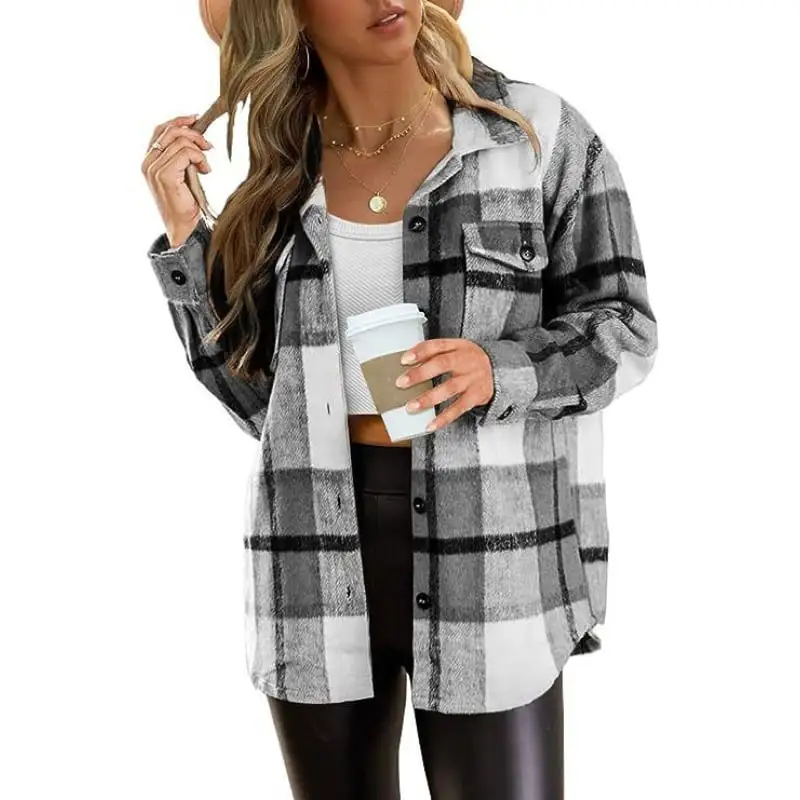 Women's Casual Shacket Jacket Plaid Shirts Flannel Blouses Button-Down Shirts