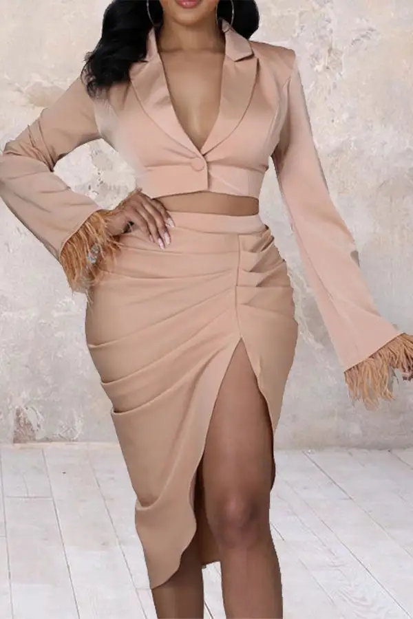 Pink Feather Patchwork Ruched High-Slit Dress Set
