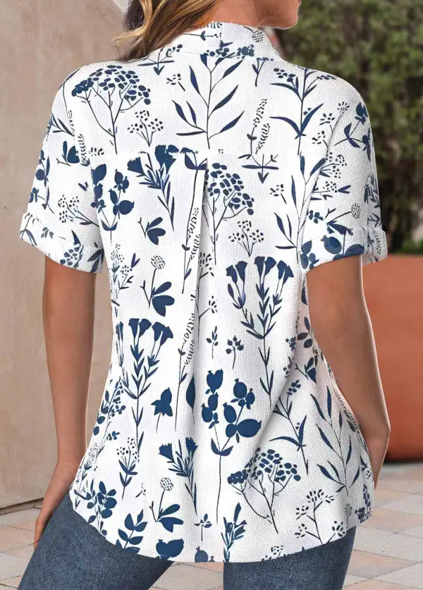 Plus Size Peacock Blue Textured Fabric Leaf Print Blouse