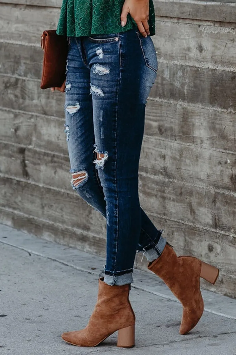 Buttoned Ripped Raw Hem Skinny Jeans