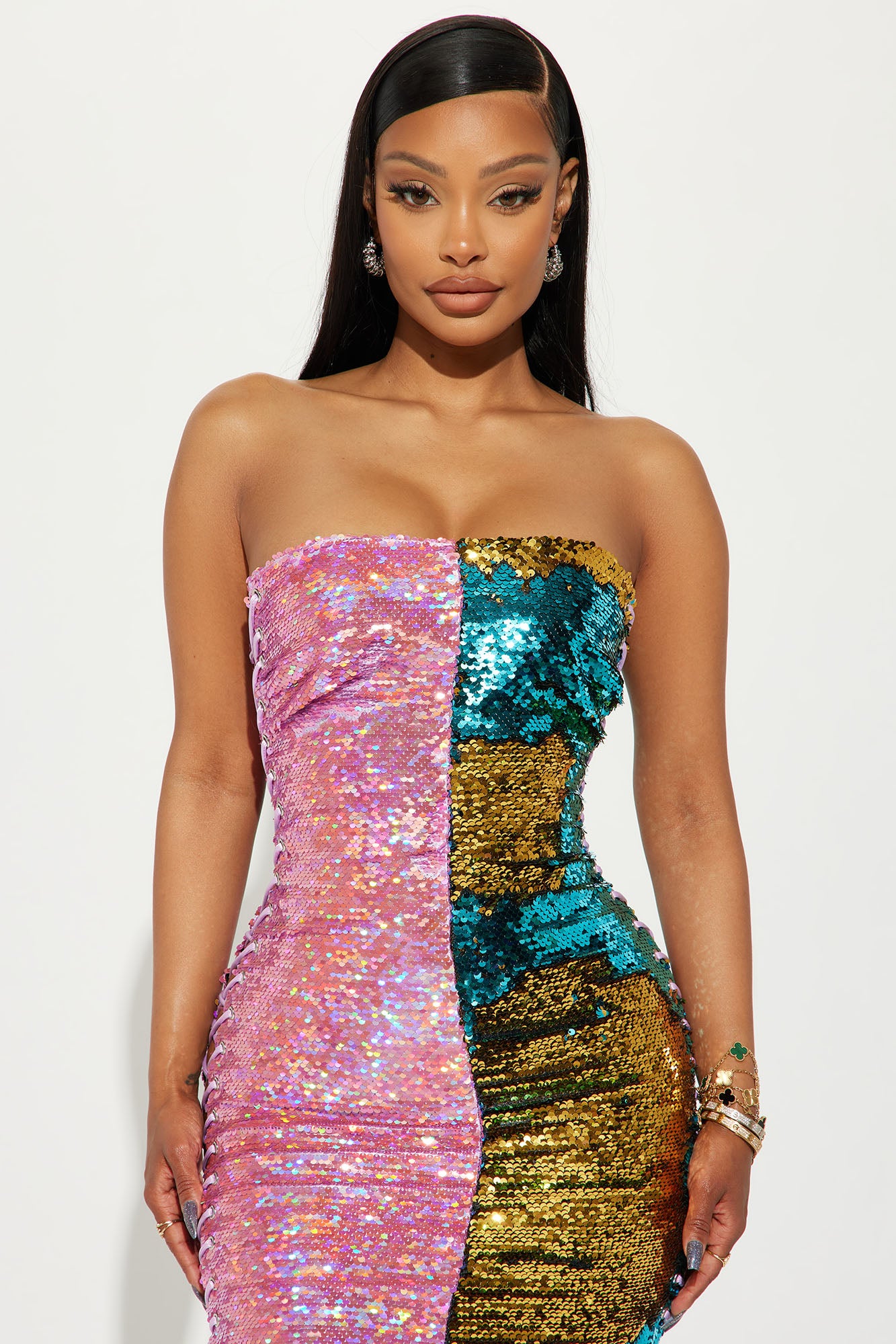 Lace Up Sequin Mini Dress - Lavender/combo
