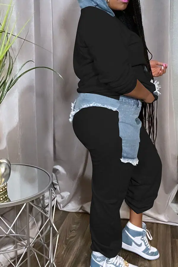 Denim Patchwork Sporty Pant Suit