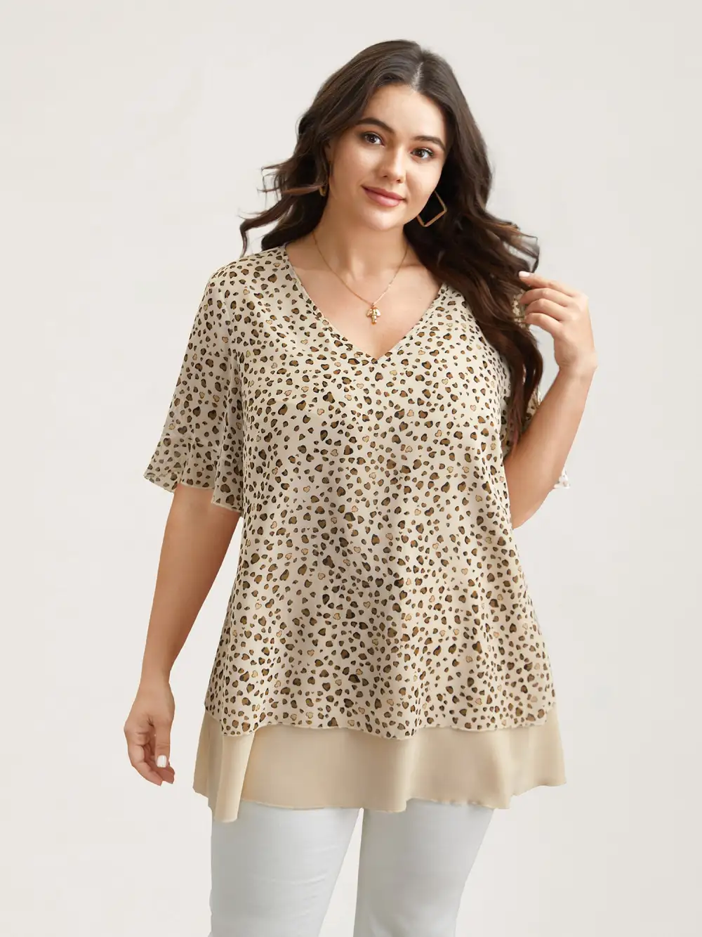Polka Dot Print Ruffled V-Neck Layered Shirt