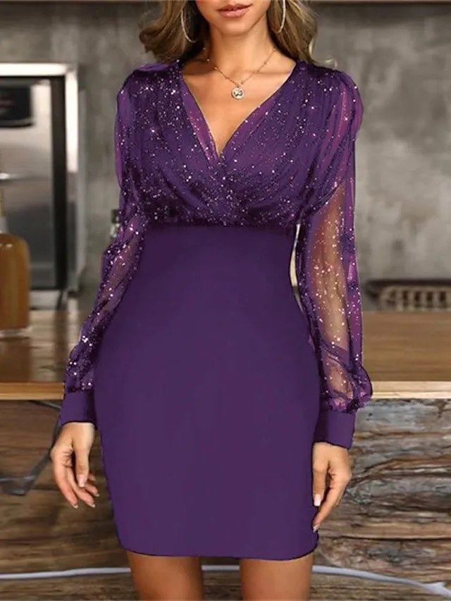 Women‘s Black Dress Wedding Guest Cocktail Dress Sexy V Neck Bodycon Patchwork Long Mesh Sleeve  Spring Summer