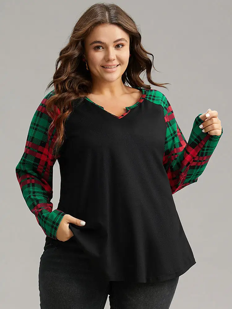 Plaid Contrast Notched Raglan Sleeve T-shirt