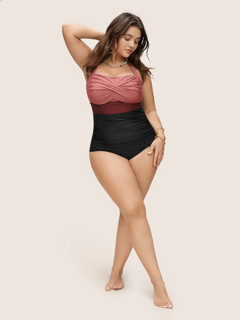 Contrast Twist Front Tummy-Control One Piece Swimsuit