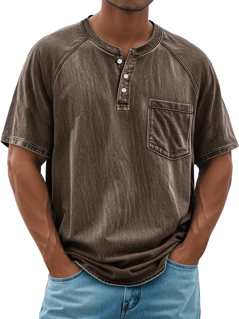 Men's Retro Everyday Raglan Pocket Casual Short Sleeve Henley Shirt