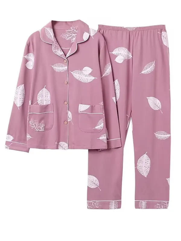 Women's Pajamas Pajama Top and Pant Sets Letter Flower Tights / Leggings Casual Comfort Home Daily Bed Cotton Breathable Lapel Long Sleeve Shirt Pant Button Pocket Summer Fall White Pink