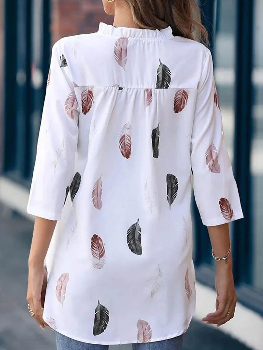 V-neck Casual Loose Feather Print Long-sleeved Blouse