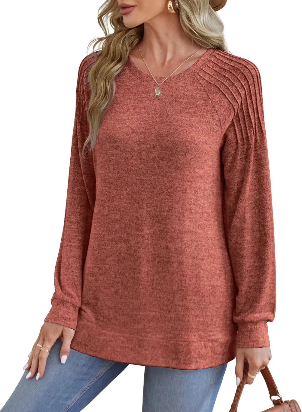 Sweatshirt for Women Crewneck Pleated Long Sleeve Shirts Tunic Tops Fashion 2024