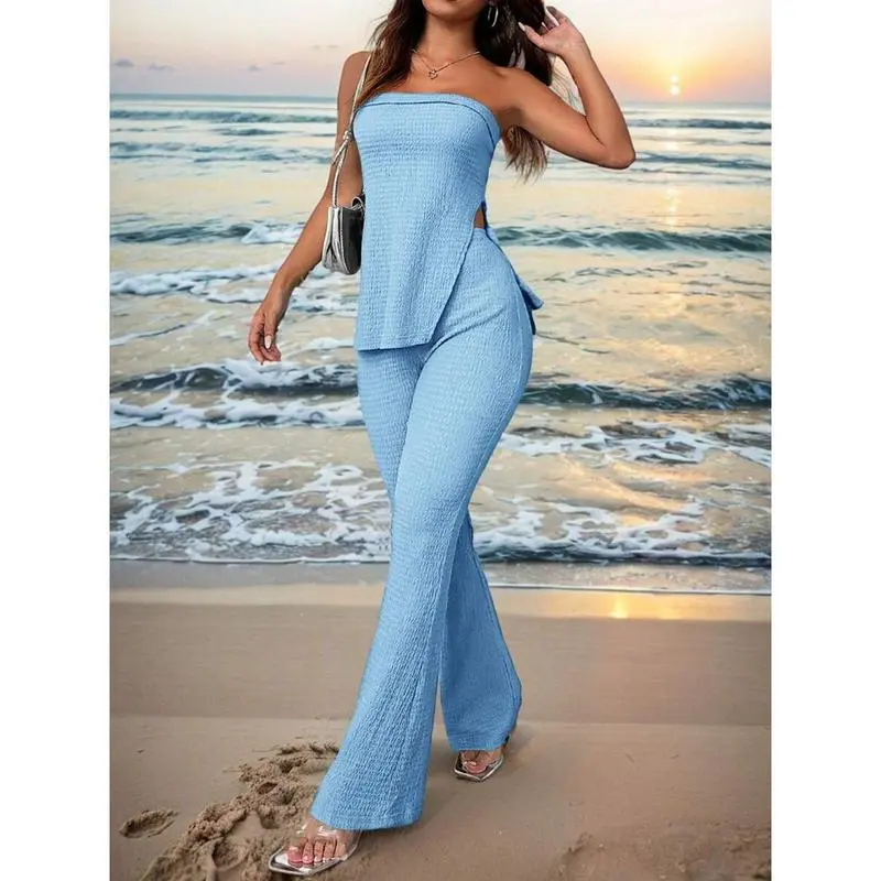 Women's Summer Two-Piece Set – Strapless Top & High-Slit Flare Pants, Casual Resort Outfit