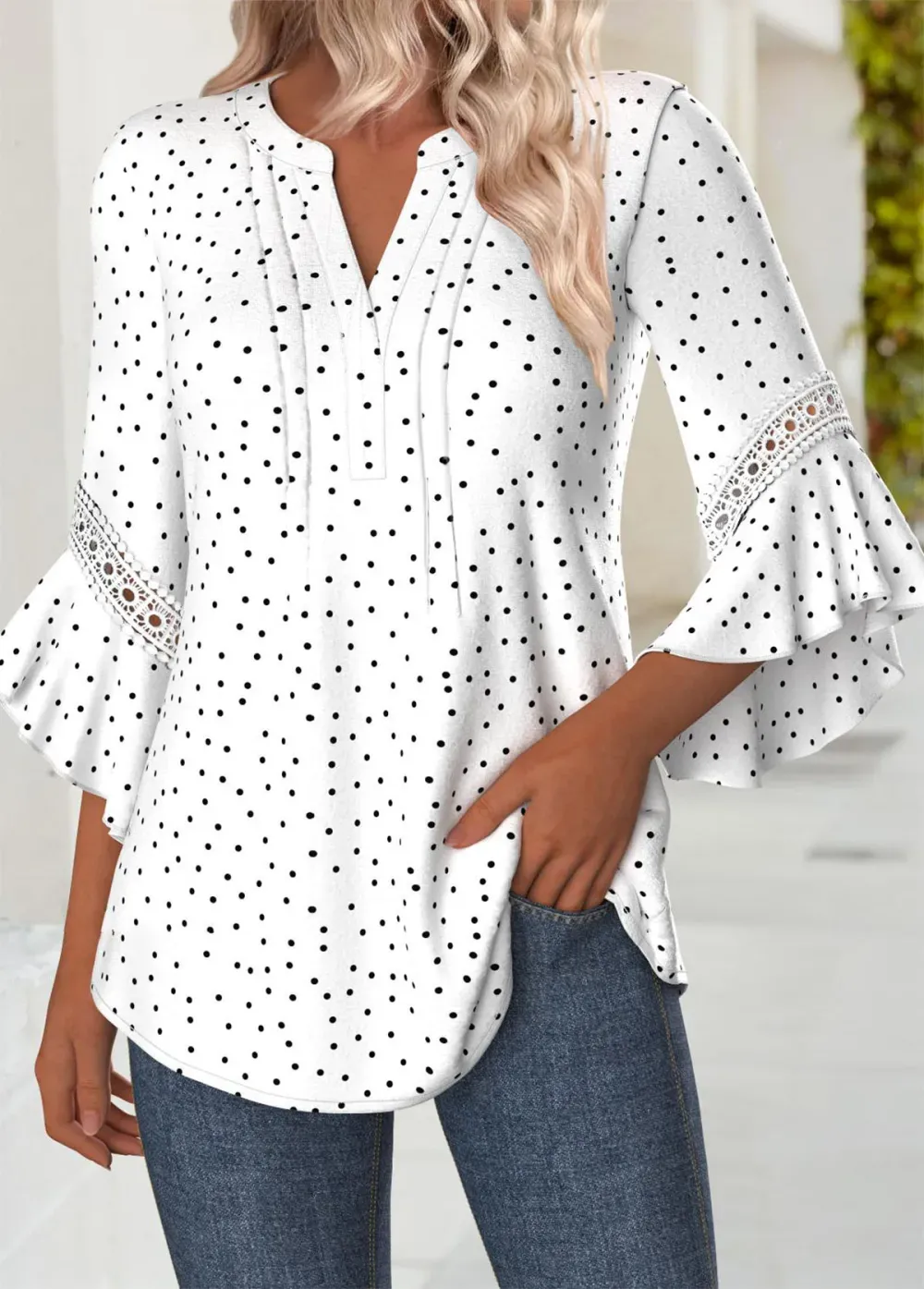 Multi Color Polka Dot 3/4 Sleeve Split Neck Blouse