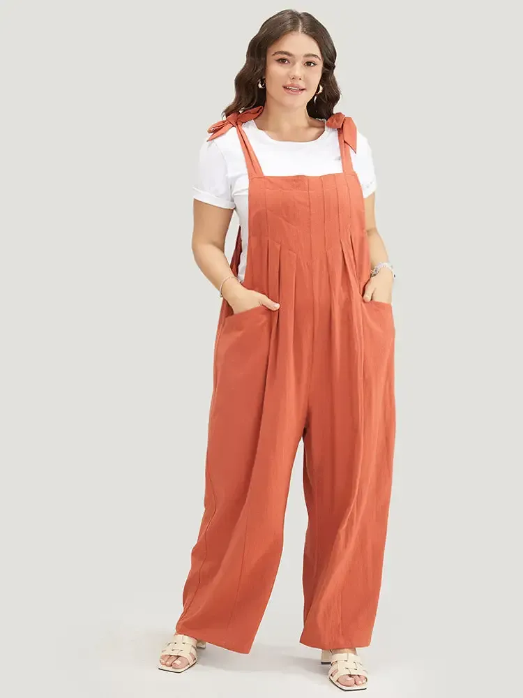 Solid Pleated Detail Pocket Knotted Shoulder Overall Jumpsuit