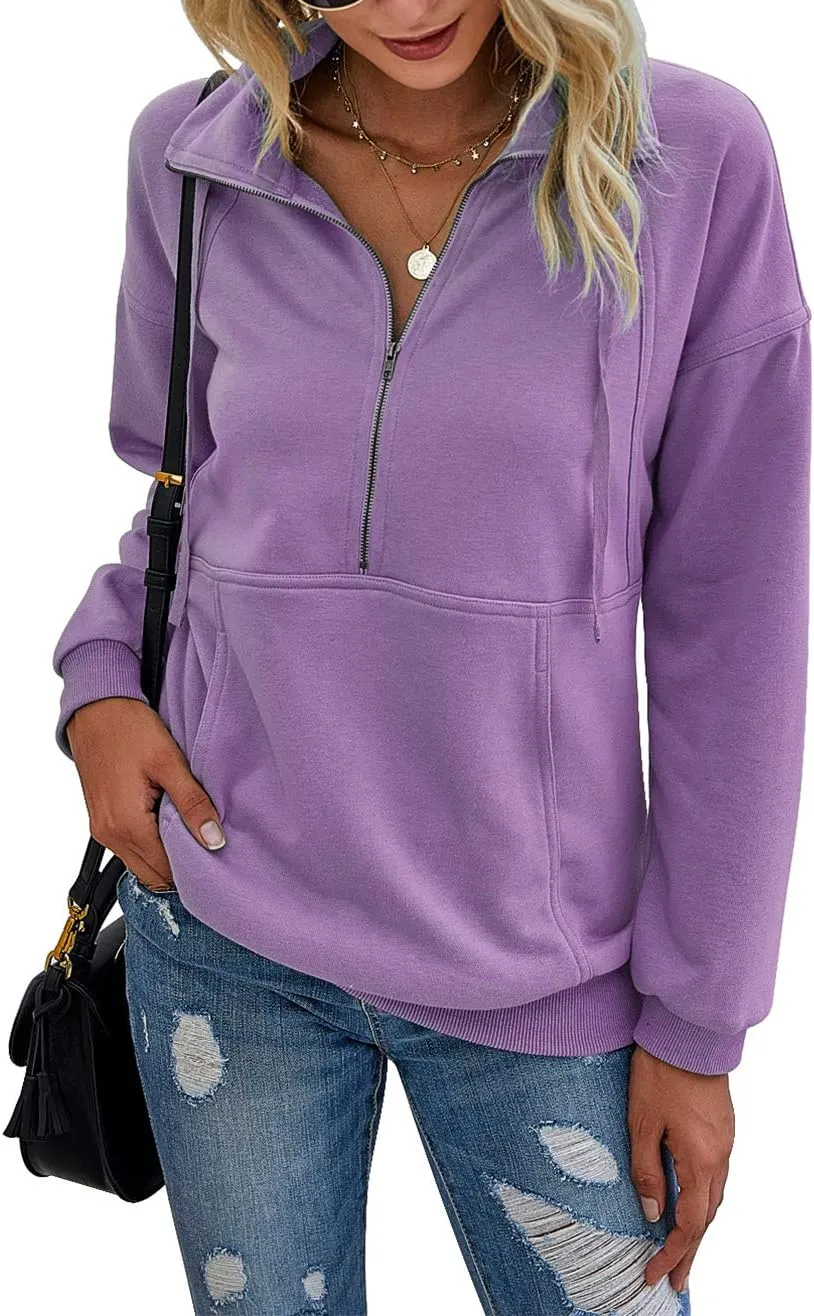Women's Casual Long Sleeve Lapel Zipper Sweatshirt Drawstring Loose Pullover Tops