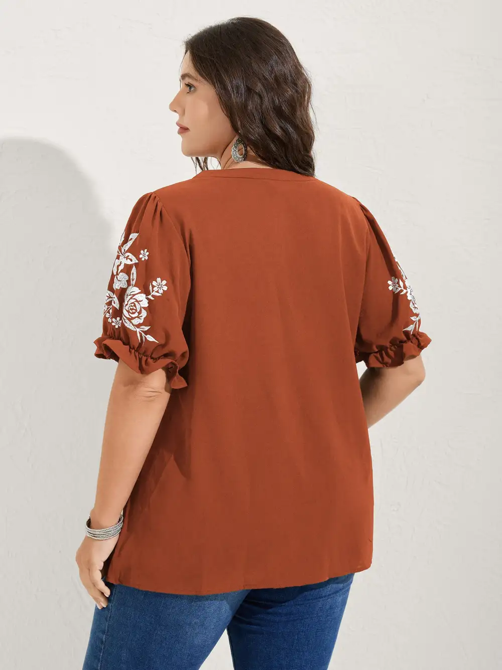 Notched Collar Embroidered Ruffled Blouse