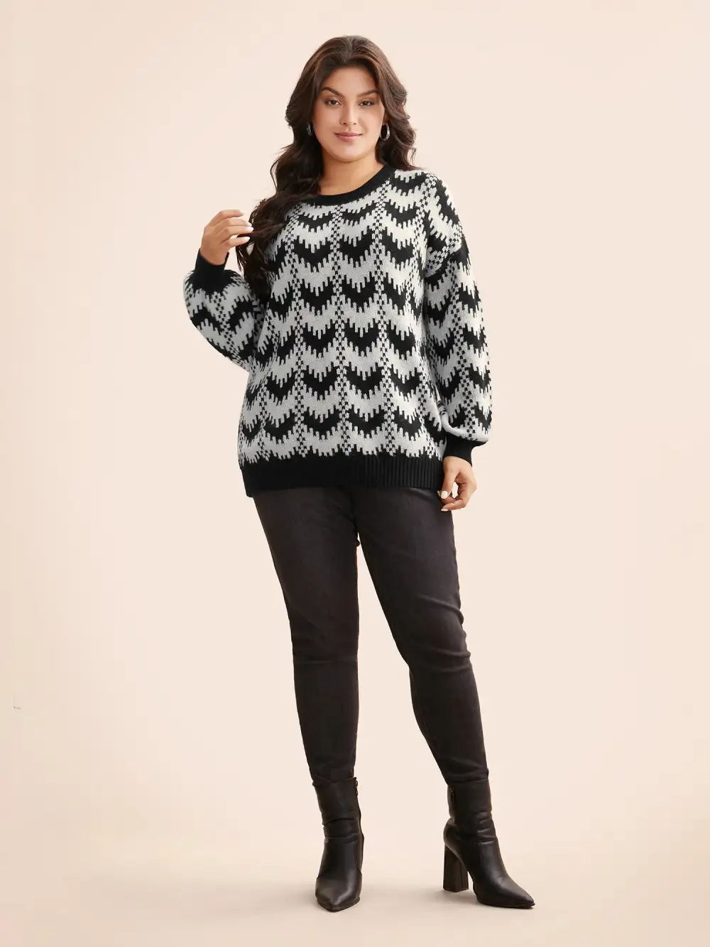 Geometric Jacquard Drop Shoulder Sleeve Pullover