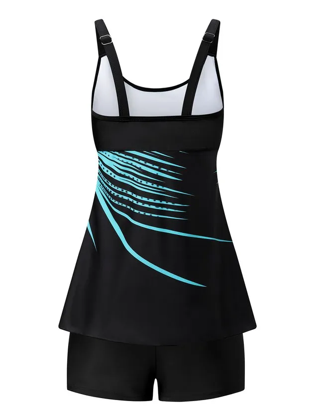 Casual Abstract Printing Scoop Neck Swimdress Two-Piece Set