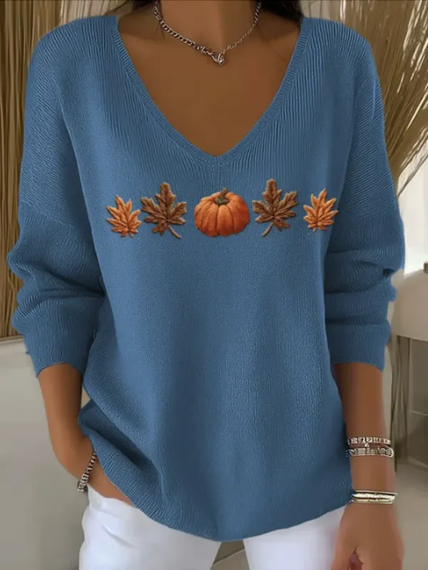 Cotton Casual V Neck Floral Sweater