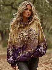 Women's Pullover Hoodie Sweatshirt Floral Graphic Elegant Warm Active Long Sleeve Hooded Regular Tops Street Dailywear Casual Patchwork Print Yellow Pink Blue Light Purple Purple Spring Fall Winter